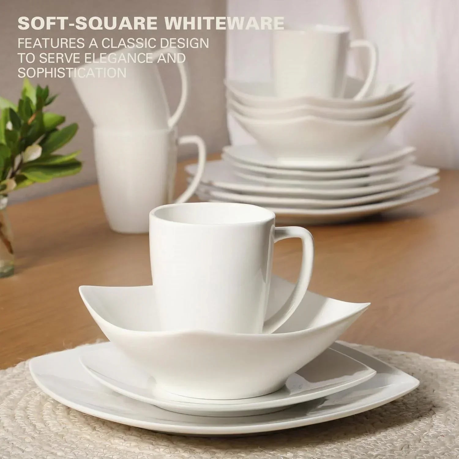 16 Pieces - White Square Porcelain Dinnerware Set - Service for 4