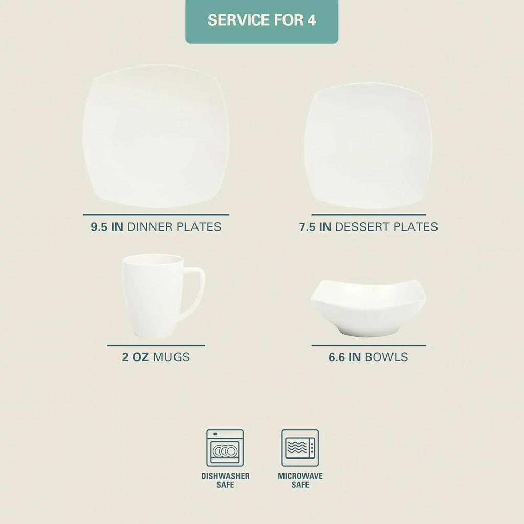 16 Pieces - White Square Porcelain Dinnerware Set - Service for 4