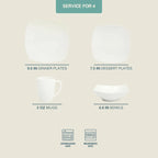 16 Pieces - White Square Porcelain Dinnerware Set - Service for 4