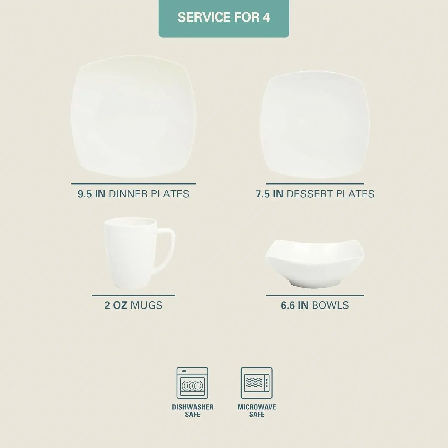 16 Pieces - White Square Porcelain Dinnerware Set - Service for 4