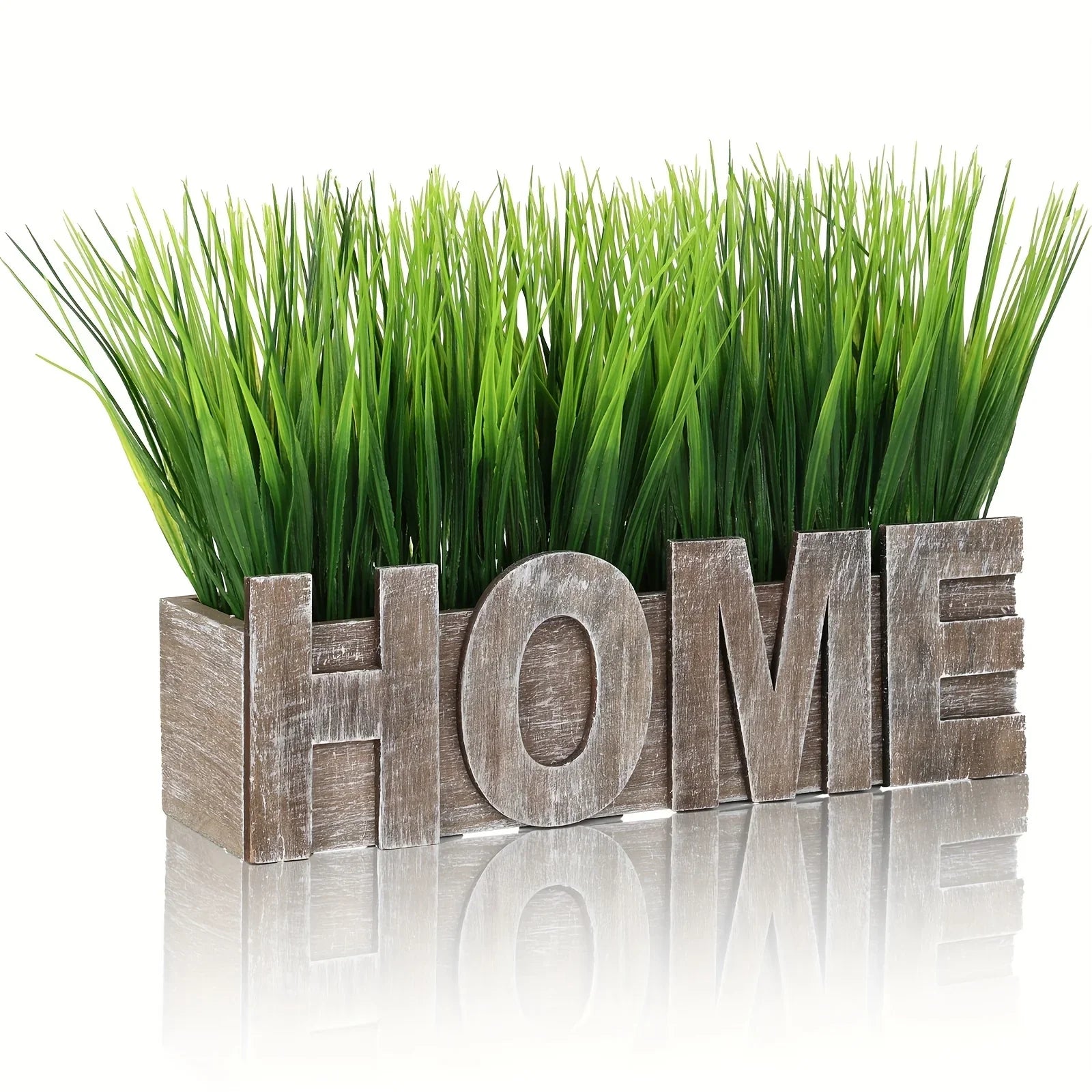 1pc Artificial Grass Plant in Rectangular Wood Planter Box - Realistic Fake Grass with Lush Green Foliage, Self-Supporting Faux Potted Plant with White Lettering Base, Durable Plastic Indoor/Outdoor Home Decor for Wedding, Di House Of Avana