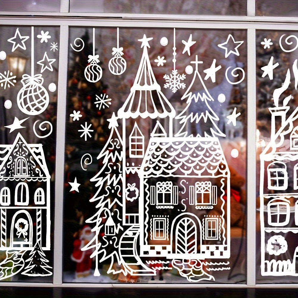 4 Sheets Christmas Window Stickers - Snowhouse & Snowflake Designs, Reusable Plastic Holiday Decorations for Glass Surfaces, Semi-Matte Finish, Perfect for Festive Party Decor, Christmas Decorations, Christmas Window Cling, C House Of Avana