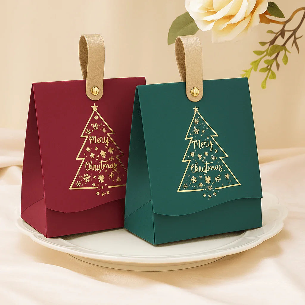 16/8 Christmas Gift Bags with Leather Handles, Red and Green Golden Foil Tree Design - Mini Paper Boxes for Cookies, Candy, Chocolate & Small Presents. Ideal Business Prep Holiday Decorations Party Favors Winter New Year's El House Of Avana