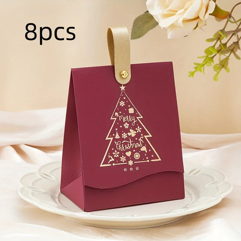 16/8 Christmas Gift Bags with Leather Handles, Red and Green Golden Foil Tree Design - Mini Paper Boxes for Cookies, Candy, Chocolate & Small Presents. Ideal Business Prep Holiday Decorations Party Favors Winter New Year's El House Of Avana