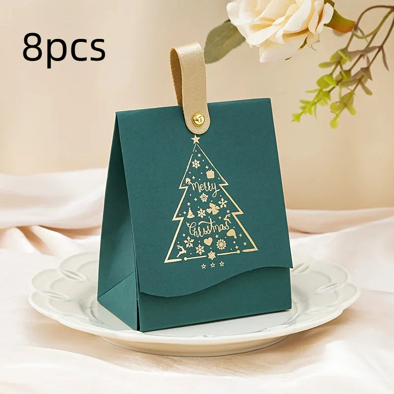 16/8 Christmas Gift Bags with Leather Handles, Red and Green Golden Foil Tree Design - Mini Paper Boxes for Cookies, Candy, Chocolate & Small Presents. Ideal Business Prep Holiday Decorations Party Favors Winter New Year's El House Of Avana