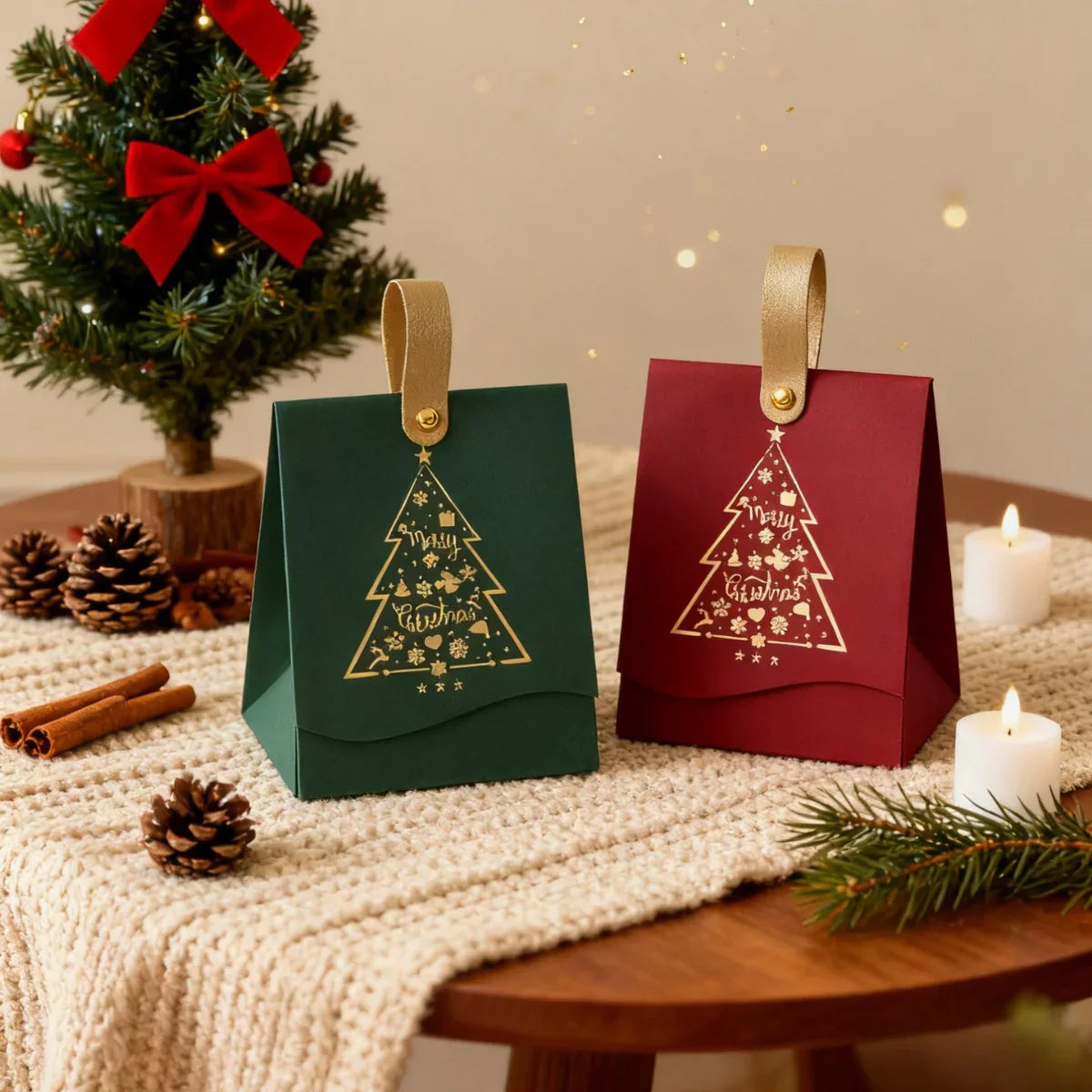 16/8 Christmas Gift Bags with Leather Handles, Red and Green Golden Foil Tree Design - Mini Paper Boxes for Cookies, Candy, Chocolate & Small Presents. Ideal Business Prep Holiday Decorations Party Favors Winter New Year's El House Of Avana