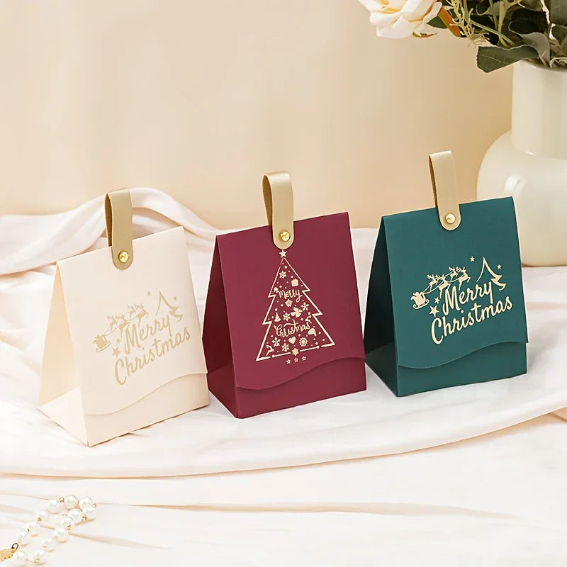 16/8 Christmas Gift Bags with Leather Handles, Red and Green Golden Foil Tree Design - Mini Paper Boxes for Cookies, Candy, Chocolate & Small Presents. Ideal Business Prep Holiday Decorations Party Favors Winter New Year's El House Of Avana