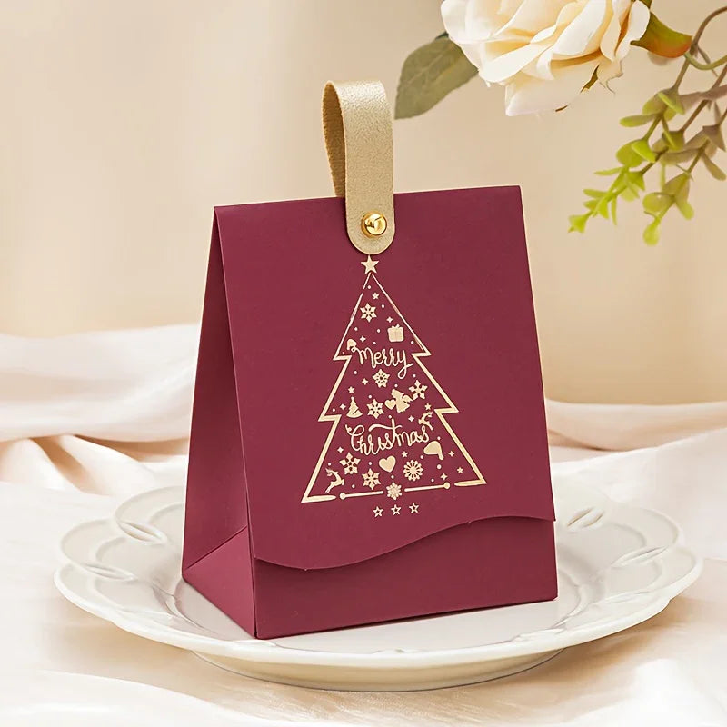 16/8 Christmas Gift Bags with Leather Handles, Red and Green Golden Foil Tree Design - Mini Paper Boxes for Cookies, Candy, Chocolate & Small Presents. Ideal Business Prep Holiday Decorations Party Favors Winter New Year's El House Of Avana