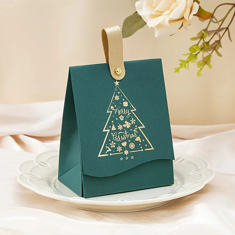 16/8 Christmas Gift Bags with Leather Handles, Red and Green Golden Foil Tree Design - Mini Paper Boxes for Cookies, Candy, Chocolate & Small Presents. Ideal Business Prep Holiday Decorations Party Favors Winter New Year's El House Of Avana