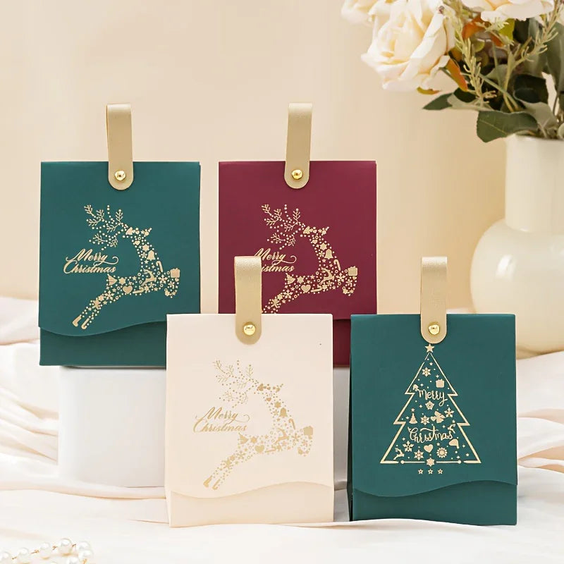 16/8 Christmas Gift Bags with Leather Handles, Red and Green Golden Foil Tree Design - Mini Paper Boxes for Cookies, Candy, Chocolate & Small Presents. Ideal Business Prep Holiday Decorations Party Favors Winter New Year's El House Of Avana
