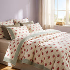 Cream & Red Tulip Floral Jaipur Indian hand block print tulip quilted comforter | Jaipur Indian hand block print cotton muslin quilted comforter | Sanganer tulip block print bedding | Queen King size quilt India | House of Avana