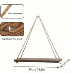 1pc Wooden Swing Hanging Hemp Rope Wall Shelve Mounted Floating Home Living Room Plant Flower Pot Tray Storage Garden Decoration House Of Avana
