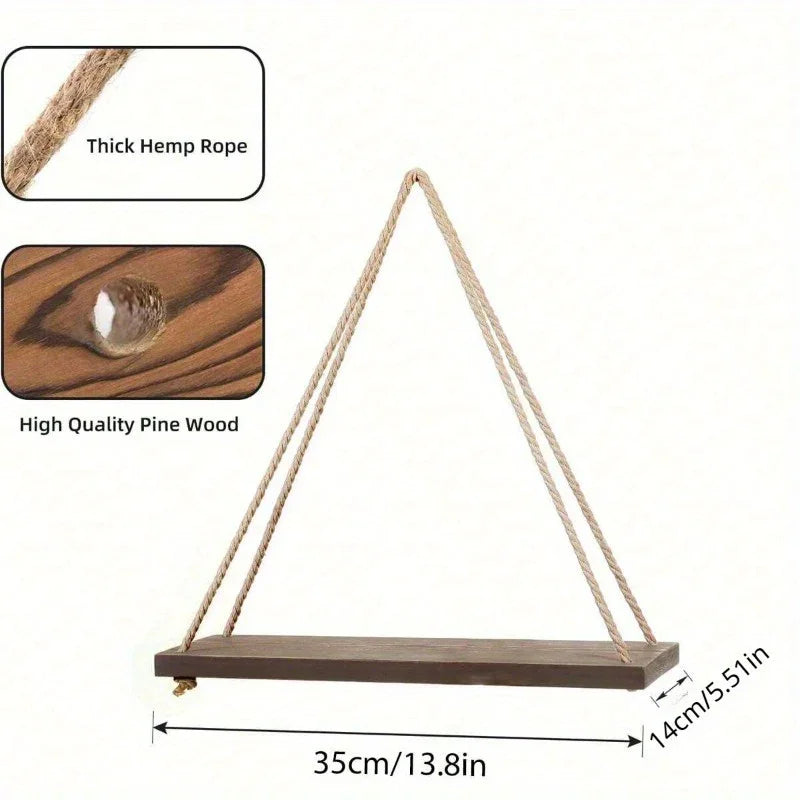 1pc Wooden Swing Hanging Hemp Rope Wall Shelve Mounted Floating Home Living Room Plant Flower Pot Tray Storage Garden Decoration House Of Avana