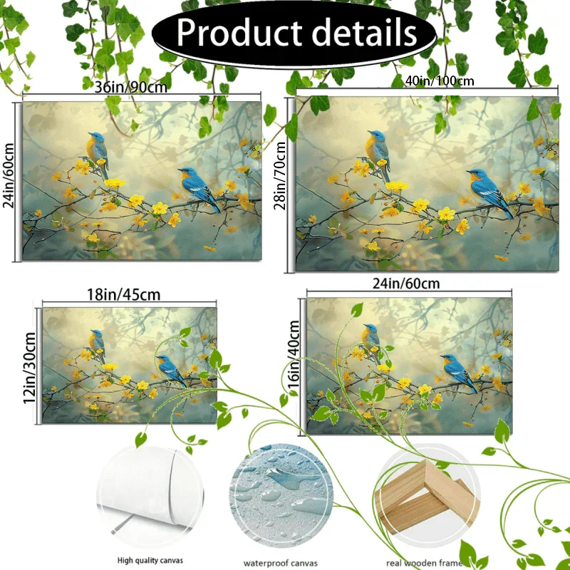 1pc Wooden Framed Canvas Painting Artwork Very suitable for office corridor home living room decoration Two blue and yellow birds, tree branches, yellow flowers, soft background - House Of Avana