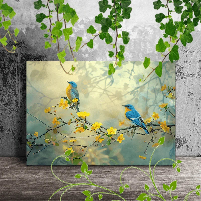 1pc Wooden Framed Canvas Painting Artwork Very suitable for office corridor home living room decoration Two blue and yellow birds, tree branches, yellow flowers, soft background - House Of Avana