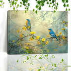 1pc Wooden Framed Canvas Painting Artwork Very suitable for office corridor home living room decoration Two blue and yellow birds, tree branches, yellow flowers, soft background - House Of Avana