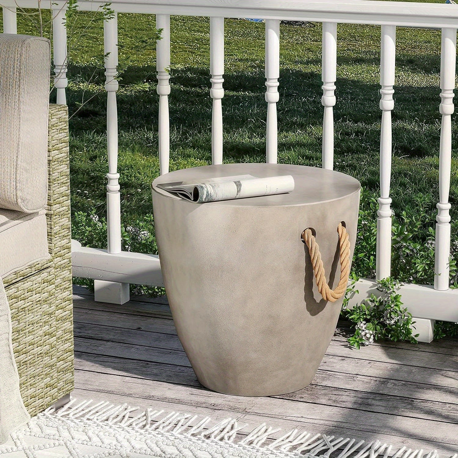 Concrete Outdoor End Table, 17'' Hemp Rope Side Table, Light Gray, Farmhouse Style, Modern Art Patio Side Table, Faux Concrete Garden Stool, Christmas Holiday Decorations Side Table House Of Avana