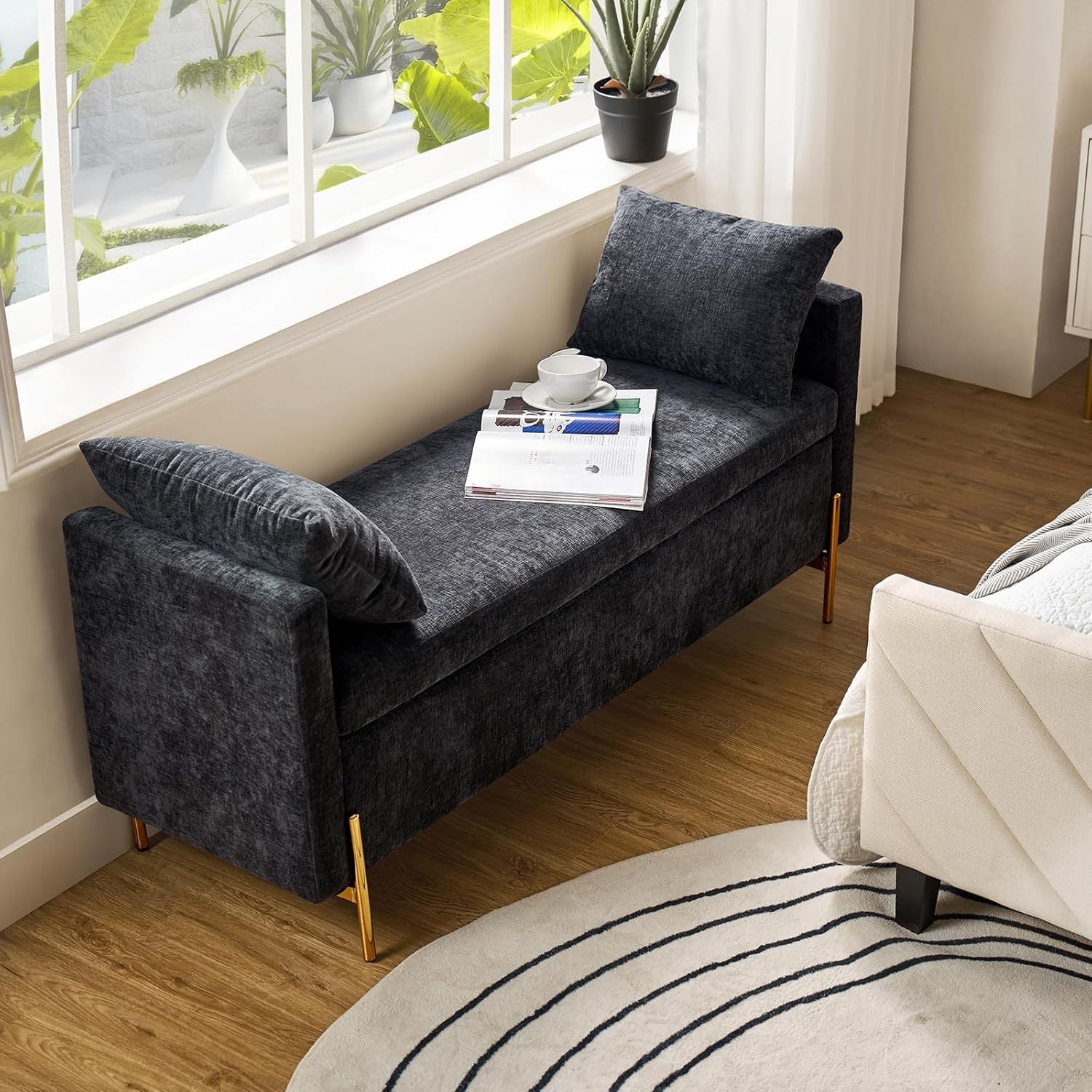 [Modern Storage Ottoman] Comfy Modern Storage Ottoman Bench with Throw Pillows - Metal Leg Bedroom Bench for End of Bed, Entryway - Mustard House Of Avana