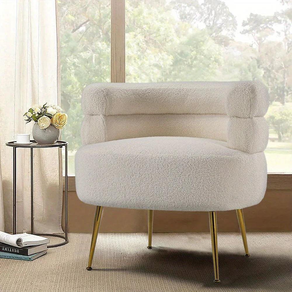 Modern Upholstered Single Sofa Armchair Living Room Bedroom Leisure Chair for Reading/ Coffee Chair, Soft Warm Teddy Fleece Accent Chair Occasional Chair Round Low Back Sofa Chair with Golden Metal Legs House Of Avana