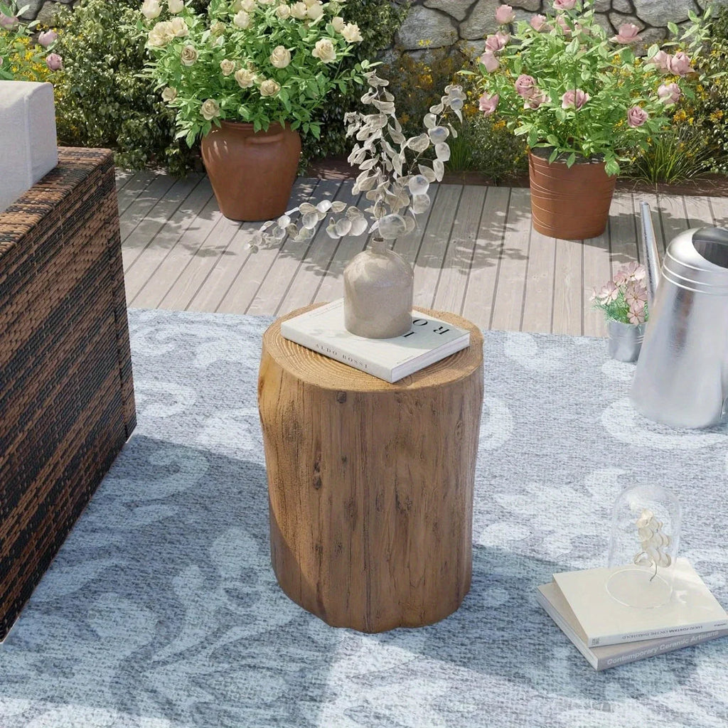 All-Weather Outdoor Stump Side Table - Multi-Functional Brown Faux Wood Accent Table with Concrete Top & Artificial Wood Base, 220lb Weight Capacity, Lightweight & Sturdy Modern Farmhouse Design for Patio, Porch, Balcony, Liv House Of Avana