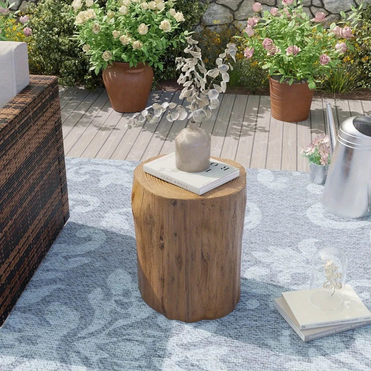 All-Weather Outdoor Stump Side Table - Multi-Functional Brown Faux Wood Accent Table with Concrete Top & Artificial Wood Base, 220lb Weight Capacity, Lightweight & Sturdy Modern Farmhouse Design for Patio, Porch, Balcony, Liv House Of Avana
