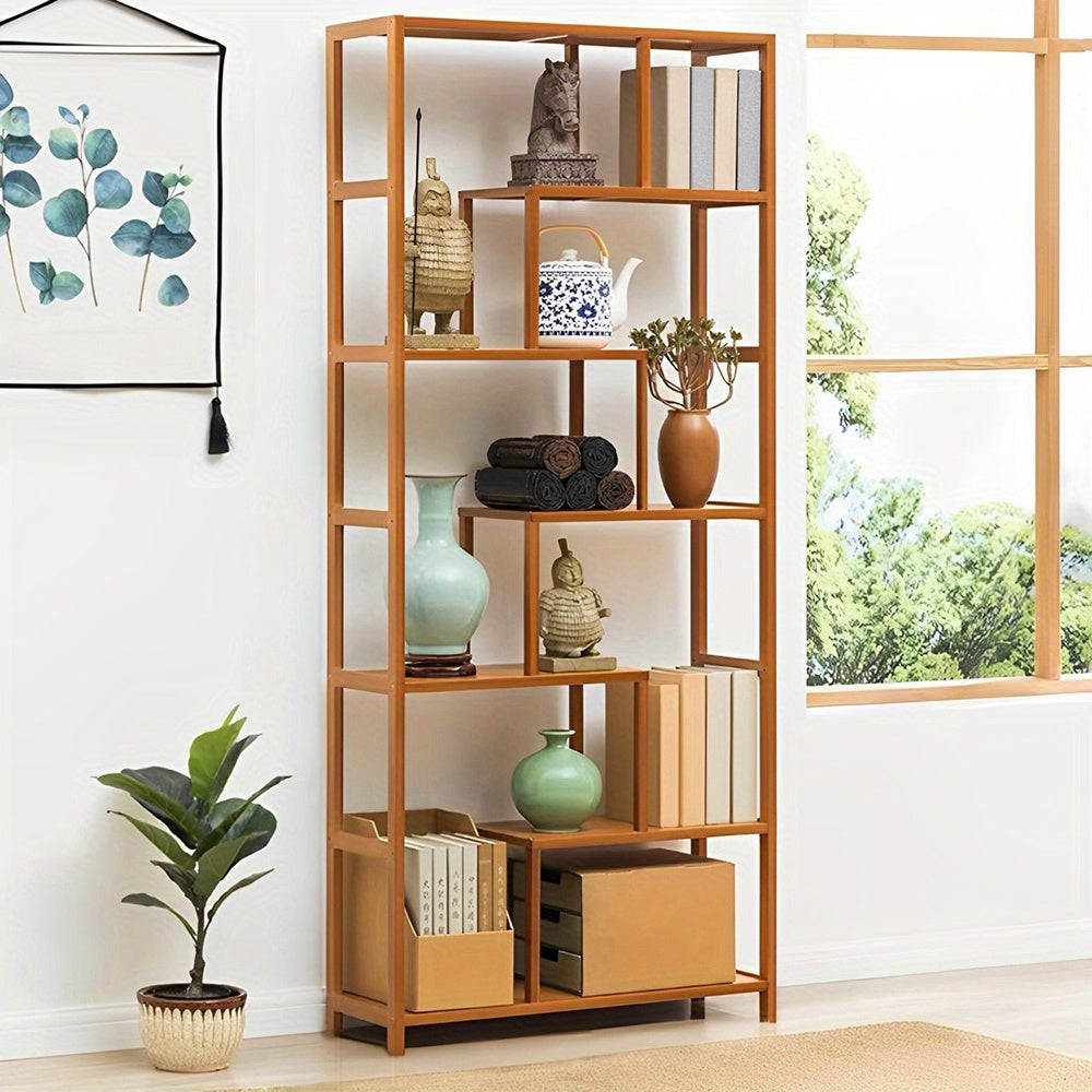 7-Tier S-Shaped Cube Bookcase - Natural Wood Floor Standing Storage Shelf with Open Wide Shelves for Books, Plants, Decor, and Essentials - Minimalist Organizer for Living Room, Office, or Balcony, Book Shelf House Of Avana