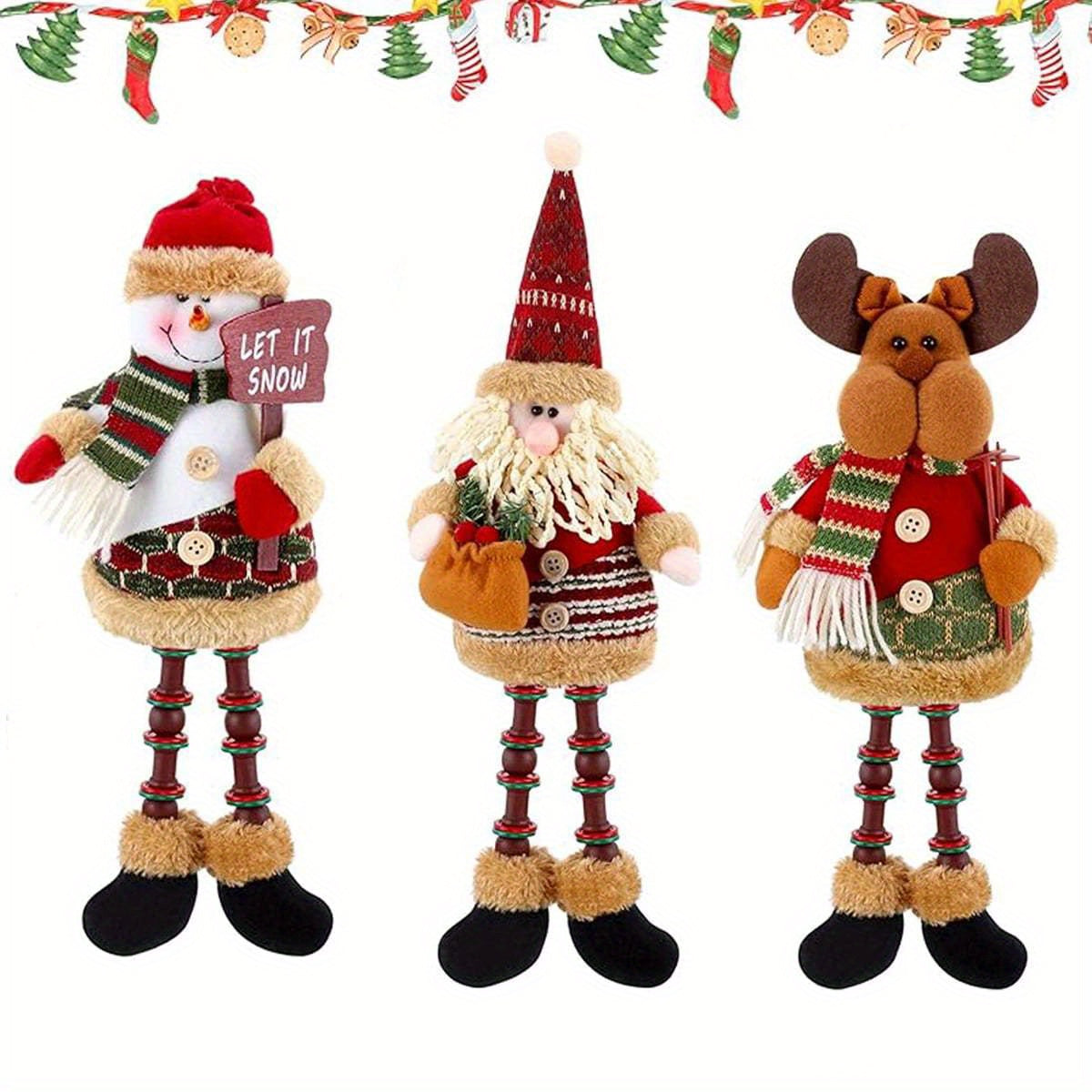 3pcs Christmas Plush Figurine Set with Adjustable Standing Legs - Santa, Snowman & Reindeer Soft Fabric Decorations with Expressive Faces, Posable Arms & Plush Bodies for Indoor/Outdoor Tabletop, Mantel, Shelf - No Electricit House Of Avana
