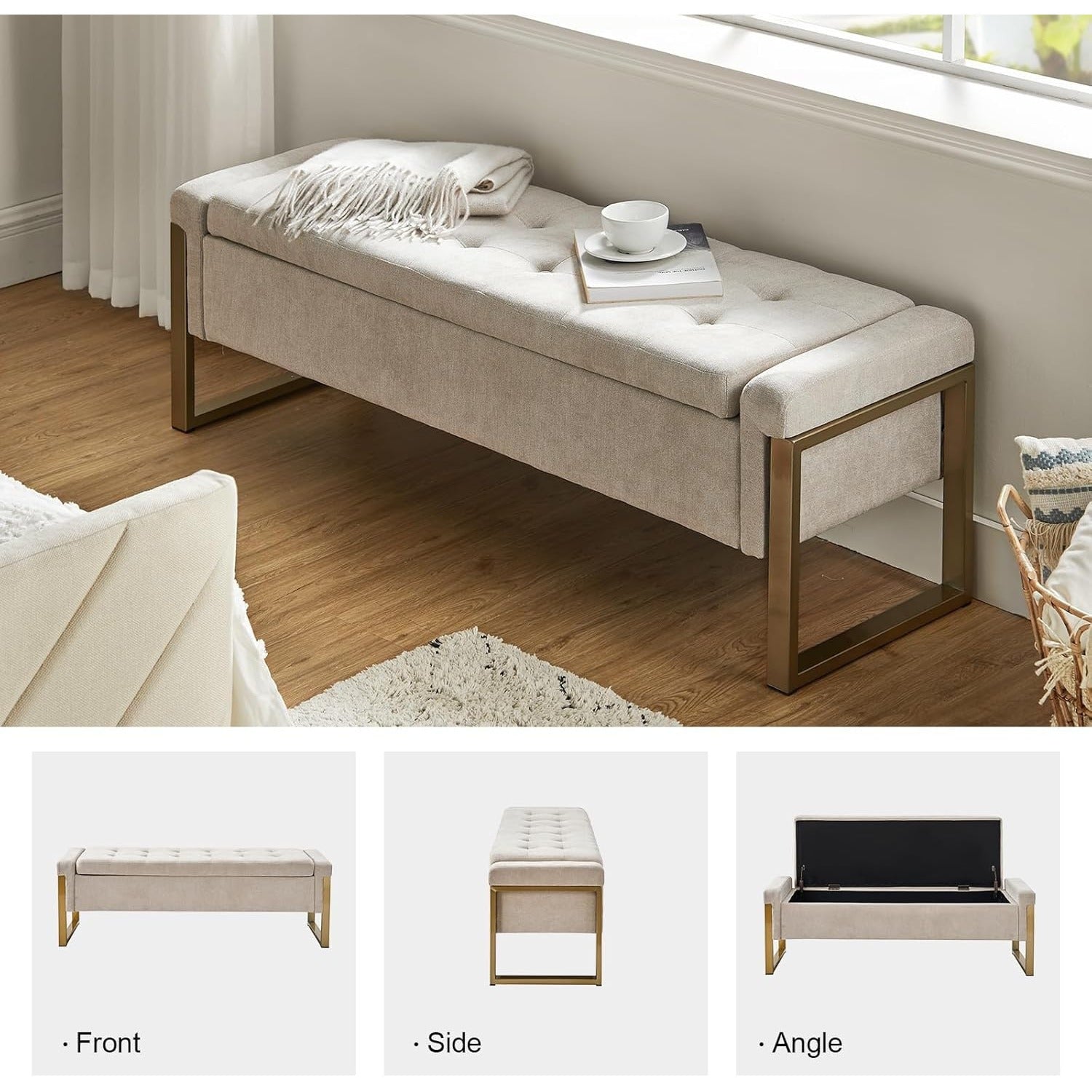 Beige Storage Ottoman Bench with Metal Legs, 55-inches Extra Long Accent Bench for End of Bed, Comfy Upholstered Footstool House Of Avana