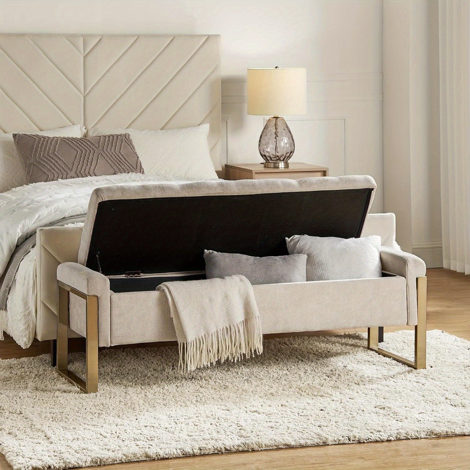 Beige Storage Ottoman Bench with Metal Legs, 55-inches Extra Long Accent Bench for End of Bed, Comfy Upholstered Footstool House Of Avana