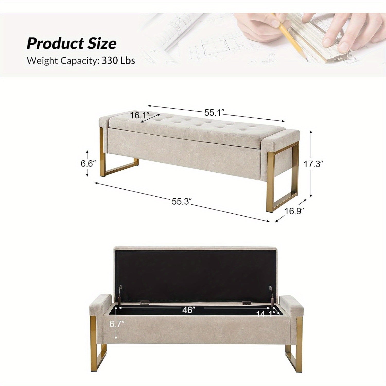 Beige Storage Ottoman Bench with Metal Legs, 55-inches Extra Long Accent Bench for End of Bed, Comfy Upholstered Footstool House Of Avana