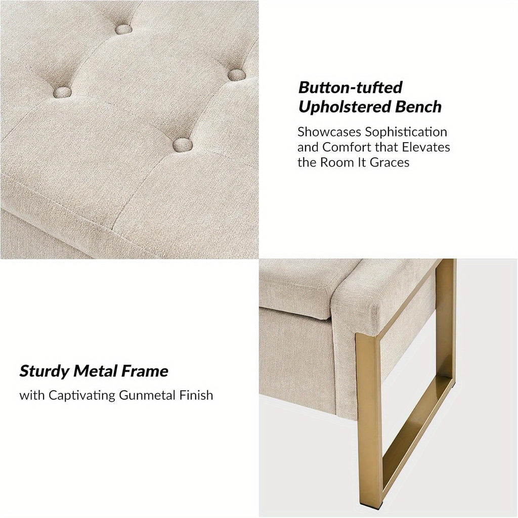 Beige Storage Ottoman Bench with Metal Legs, 55-inches Extra Long Accent Bench for End of Bed, Comfy Upholstered Footstool House Of Avana