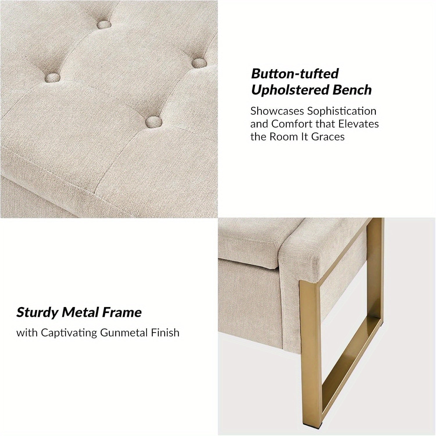 Beige Storage Ottoman Bench with Metal Legs, 55-inches Extra Long Accent Bench for End of Bed, Comfy Upholstered Footstool House Of Avana