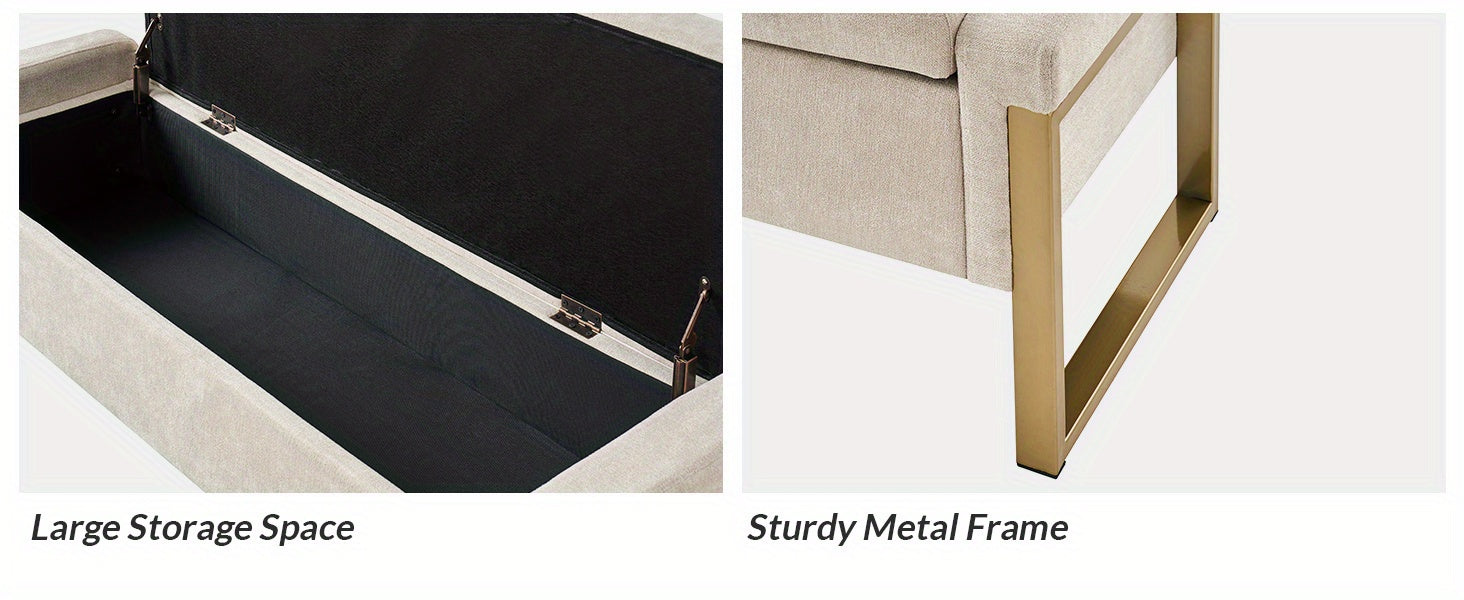 Beige Storage Ottoman Bench with Metal Legs, 55-inches Extra Long Accent Bench for End of Bed, Comfy Upholstered Footstool House Of Avana