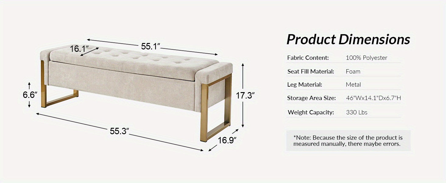 Beige Storage Ottoman Bench with Metal Legs, 55-inches Extra Long Accent Bench for End of Bed, Comfy Upholstered Footstool House Of Avana