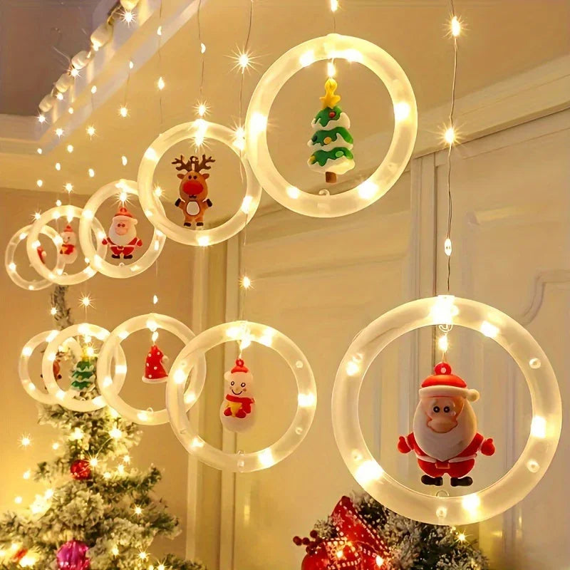 Christmas LED Curtain Lights Set | Santa-Claus, Reindeer, Snowman, And Christmas Tree Designs | Powered, Button Control, Glam Style, Plastic Material House Of Avana