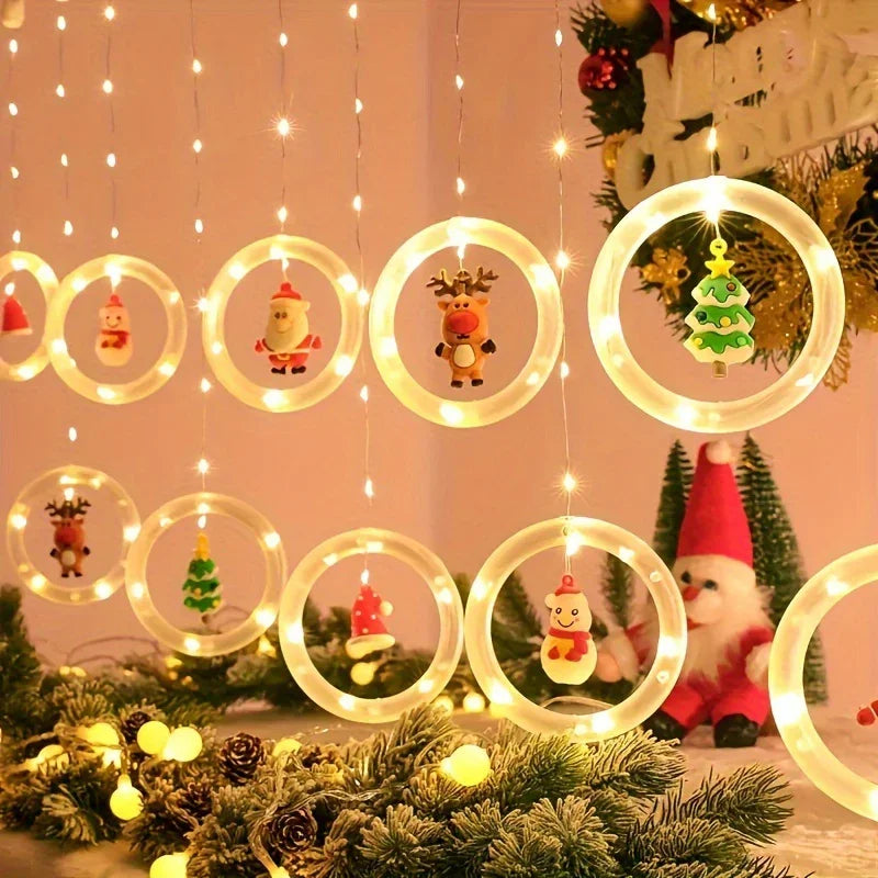 Christmas LED Curtain Lights Set | Santa-Claus, Reindeer, Snowman, And Christmas Tree Designs | Powered, Button Control, Glam Style, Plastic Material House Of Avana