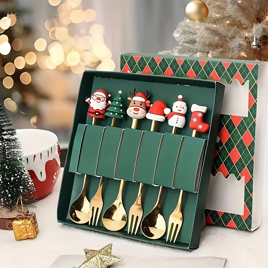4/6pcs Christmas Creative Stainless Steel Spoon, Coffee Stirring Spoon, Dessert Fruit Fork, Doll Spoon and Fork Tableware House Of Avana