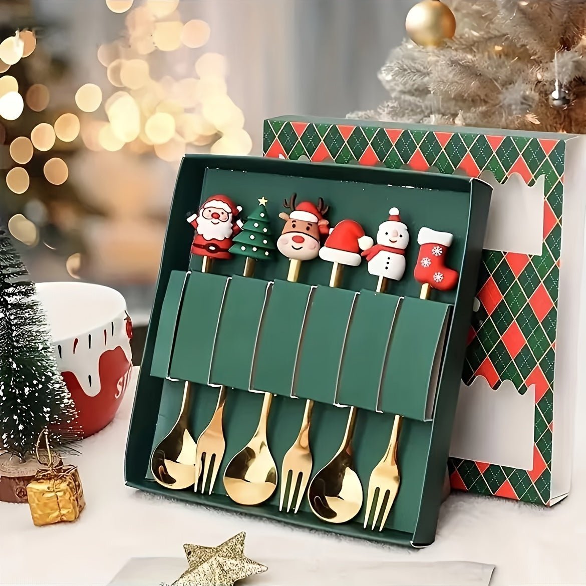 4/6pcs Christmas Creative Stainless Steel Spoon, Coffee Stirring Spoon, Dessert Fruit Fork, Doll Spoon and Fork Tableware House Of Avana