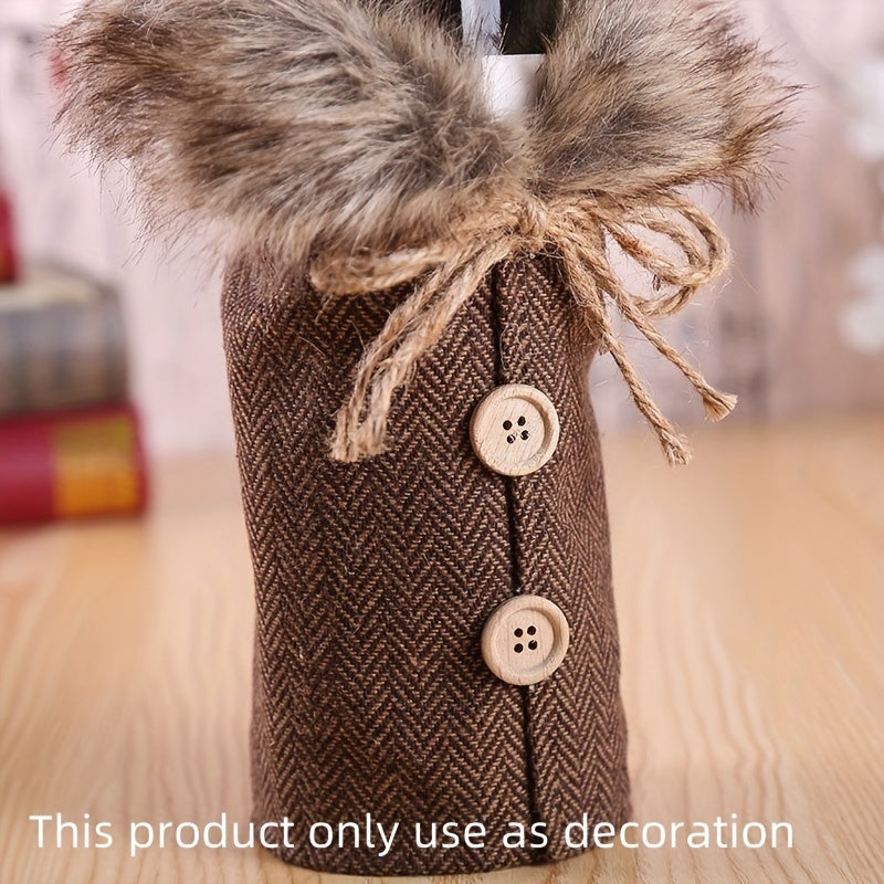 1pc Festive Christmas Wine Bottle Cover with Plush Fur Collar - Polyester, Perfect for Holiday Parties & Home Decor House Of Avana