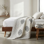 Cream & Charcoal Grey Floral Jaipur Indian hand block print medallion quilted comforter | Jaipur Indian hand block print cotton muslin quilted comforter | Sanganer medallion block print bedding | Queen King size quilt India | House of Avana