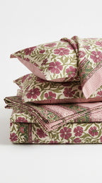 Cream & Magenta Pink Green Floral Sanganeri hand block print cotton bedsheet set | Jaipur Indian hand block print bedsheet with pillow shams | House of Avana