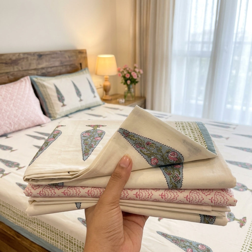 White & Green Cypress Tree Sanganeri hand block print cotton bedsheet set | Jaipur Indian hand block print bedsheet with pillow shams | House of Avana