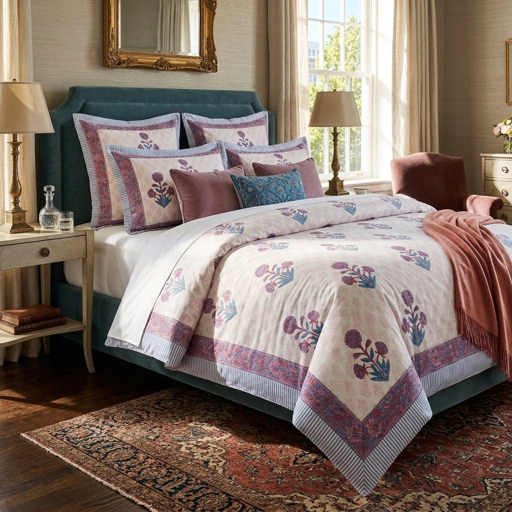Cream & Purple & Blue Floral Jaipur Indian hand block print floral quilted comforter | Jaipur Indian hand block print cotton muslin quilted comforter | Sanganer floral block print bedding | Queen King size quilt India | House of Avana