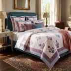 Cream & Purple & Blue Floral Jaipur Indian hand block print floral quilted comforter | Jaipur Indian hand block print cotton muslin quilted comforter | Sanganer floral block print bedding | Queen King size quilt India | House of Avana [[SKU:HOA-COM-PRBL-036]]
