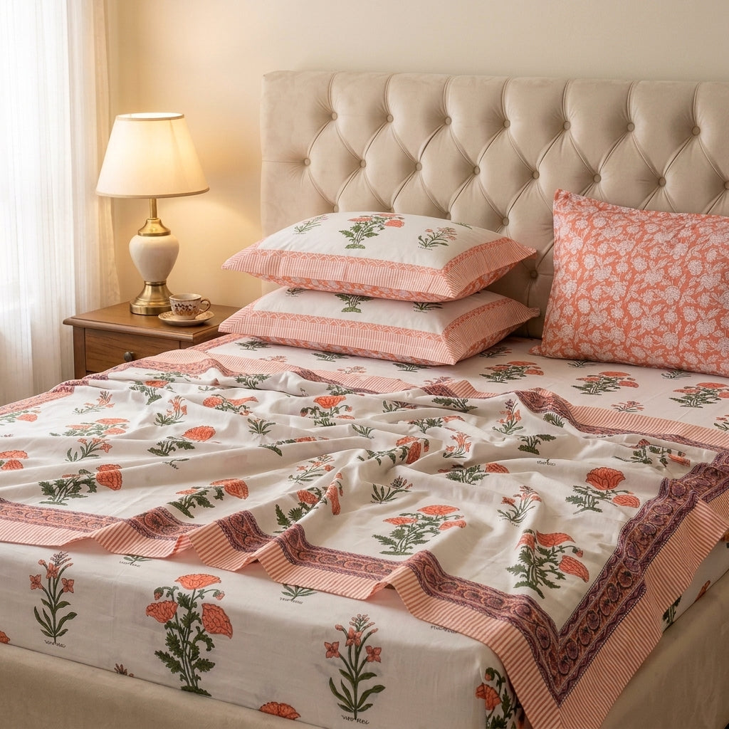 White & Coral Green Floral Sanganeri hand block print cotton bedsheet set | Jaipur Indian hand block print bedsheet with pillow shams | House of Avana