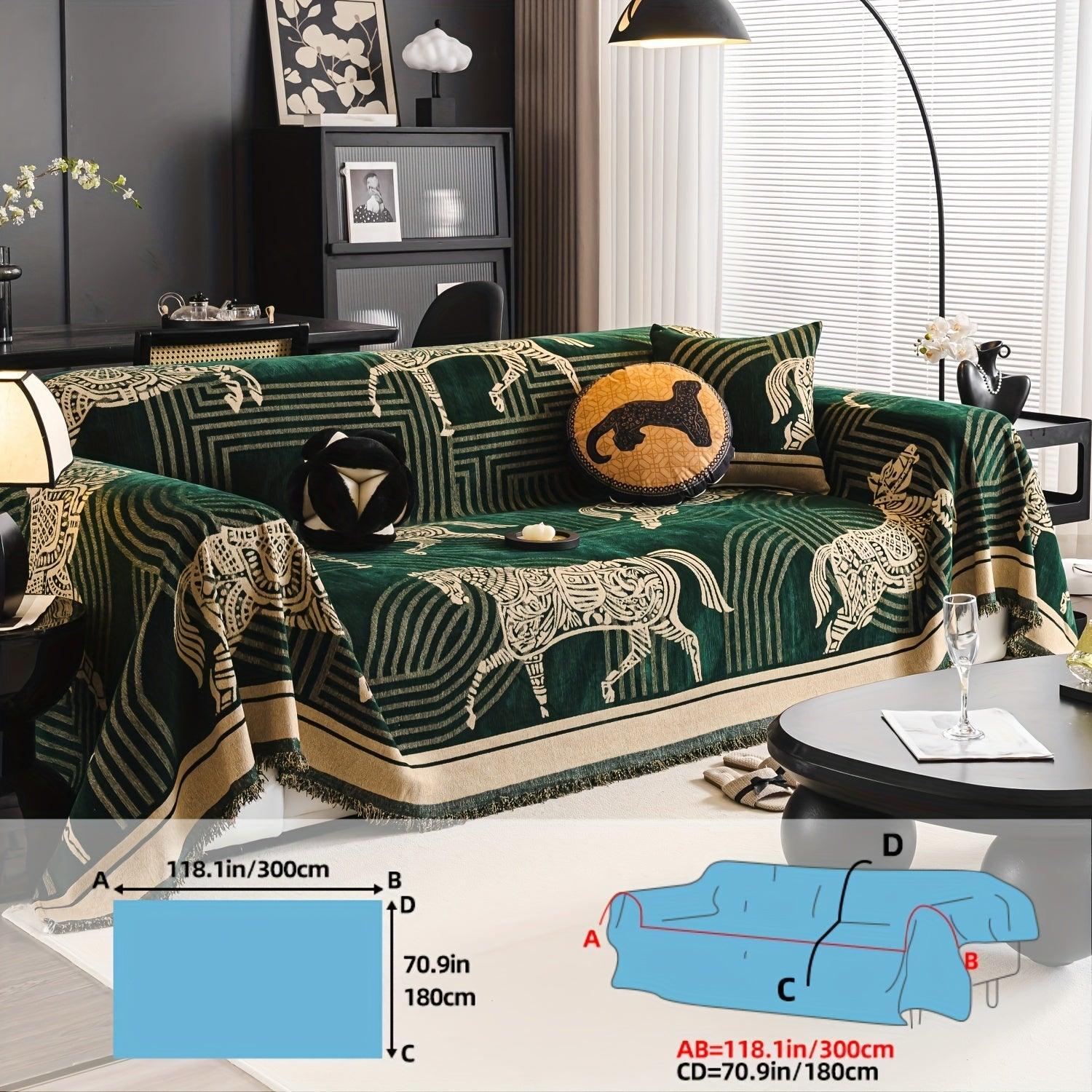 Luxurious Chenille Horse Design Sofa Cover Decor in Orange & Green topspet