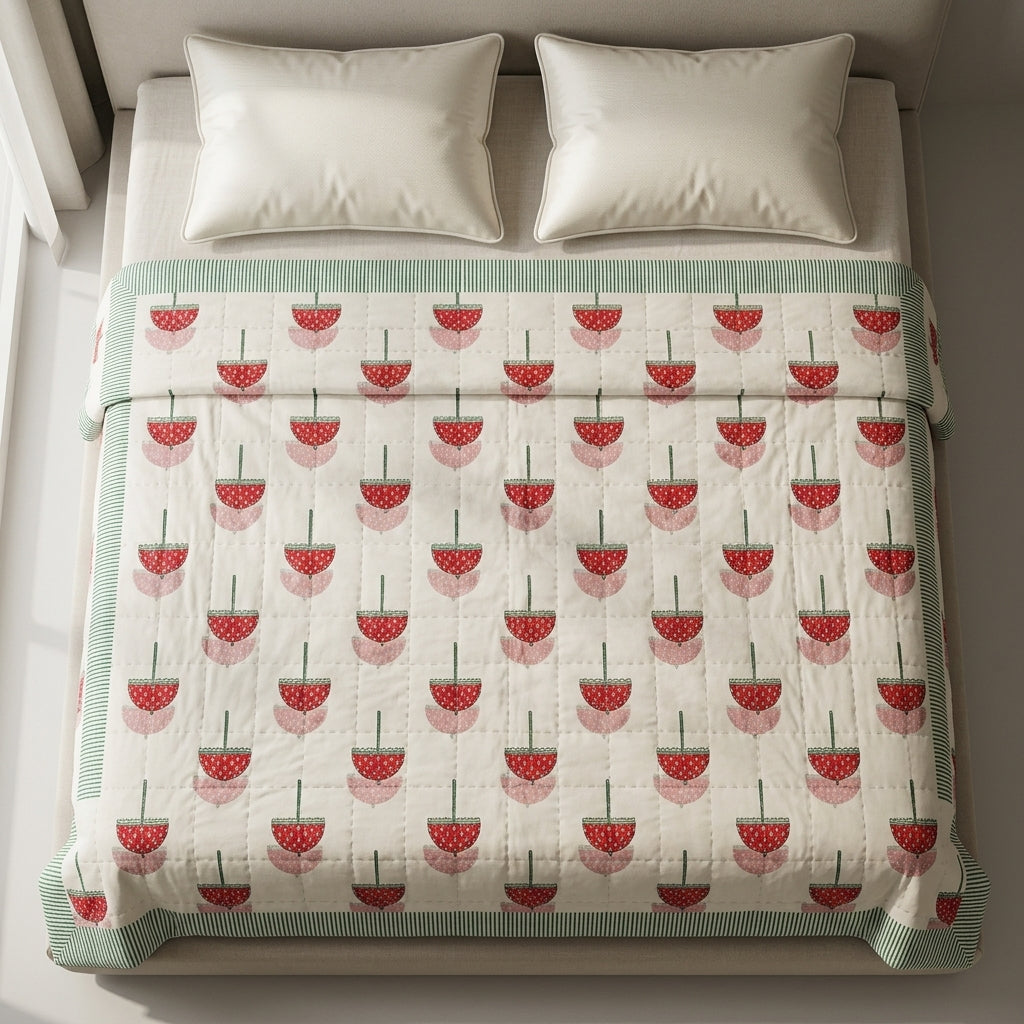 Cream & Red Tulip Floral Jaipur Indian hand block print tulip quilted comforter | Jaipur Indian hand block print cotton muslin quilted comforter | Sanganer tulip block print bedding | Queen King size quilt India | House of Avana