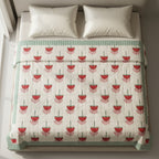 Cream & Red Tulip Floral Jaipur Indian hand block print tulip quilted comforter | Jaipur Indian hand block print cotton muslin quilted comforter | Sanganer tulip block print bedding | Queen King size quilt India | House of Avana