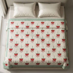 Cream & Red Tulip Floral Jaipur Indian hand block print tulip quilted comforter | Jaipur Indian hand block print cotton muslin quilted comforter | Sanganer tulip block print bedding | Queen King size quilt India | House of Avana [[SKU:HOA-COM-RDSG-035]]