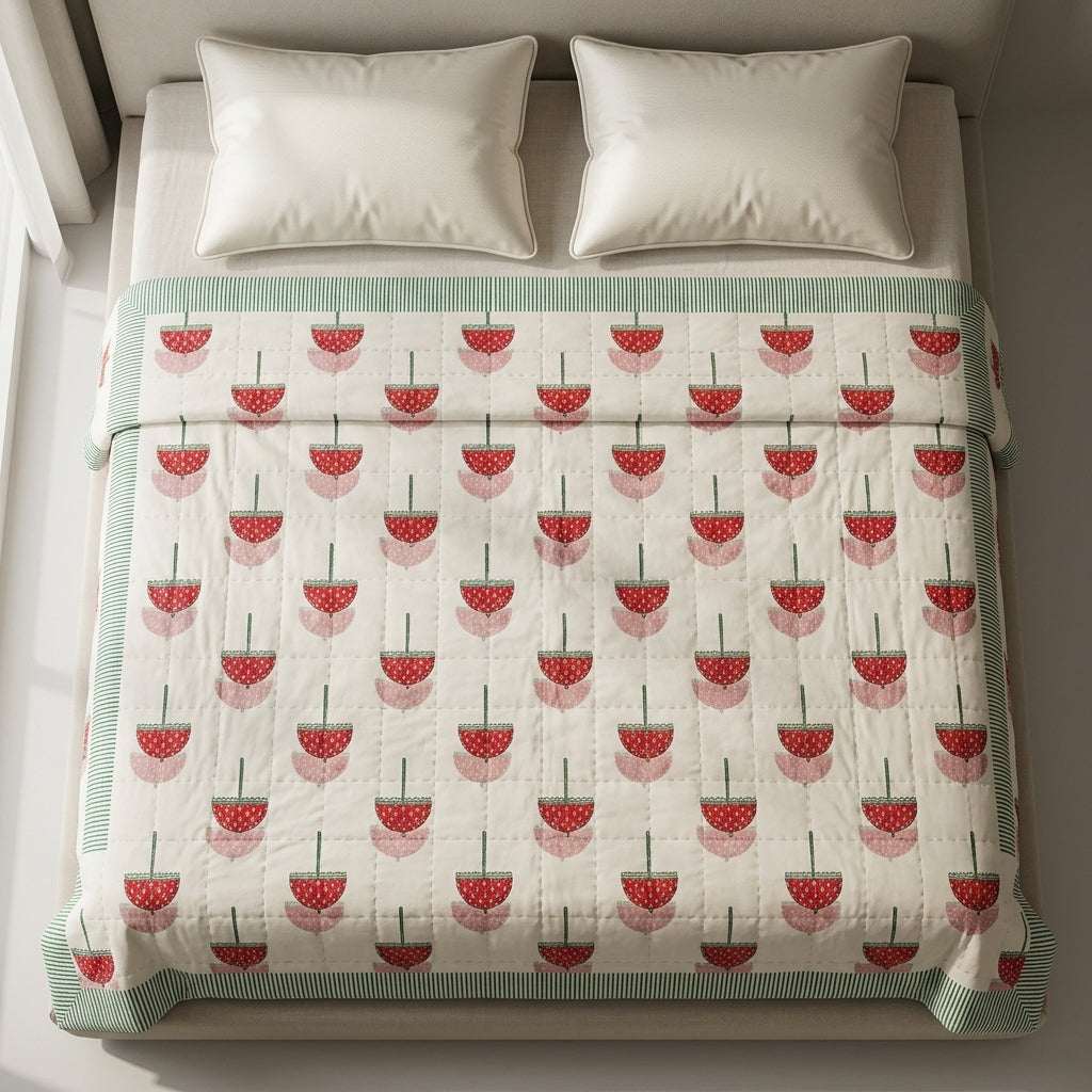 Cream & Red Tulip Floral Jaipur Indian hand block print tulip quilted comforter | Jaipur Indian hand block print cotton muslin quilted comforter | Sanganer tulip block print bedding | Queen King size quilt India | House of Avana [[SKU:HOA-COM-RDSG-035]]